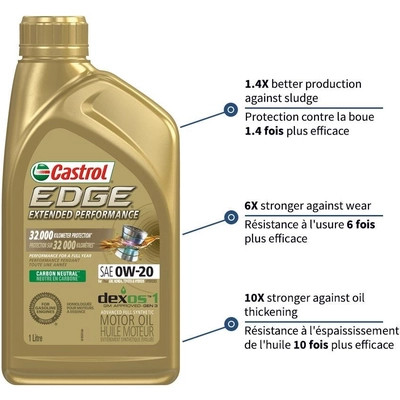 Castrol - 02060-38 - CASTROL Synthetic Engine Oil Edge Extended Performance 0W20 , 1L (Pack of 6) - 0206038