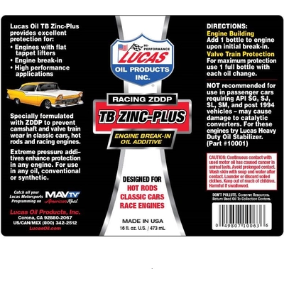 Lucas Oil - 10063 - LUCAS OIL - 10063 - Engine Break-In Oil Additive - Tb Zinc Plus - 16 Ounces