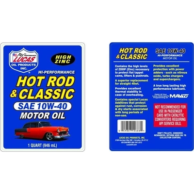 Lucas Oil - 10688 - Lucas Oil - 10688 - Hot Rod & Classic Car Motor Oil - SAE 10W-40 - 1 Quart
