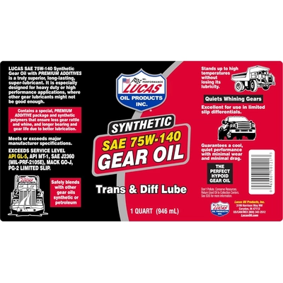 Lucas Oil - 10121 - Lucas Oil - 10121 - Synthetic SAE 75W-140 Gear Oil - 1 Quart