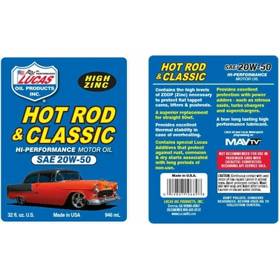 Lucas Oil - 10689 - Lucas Oil - 10689 - Hot Rod & Classic Car Motor Oil - SAE 20W-50 - 1 Quart