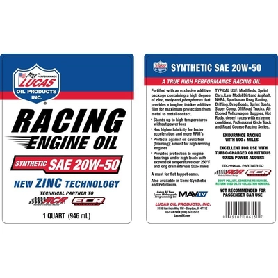 Lucas Oil - 10615 - Lucas Oil - 10615 - Racing Only Motor Oil - Synthetic SAE 20W-50 - 1 Quart