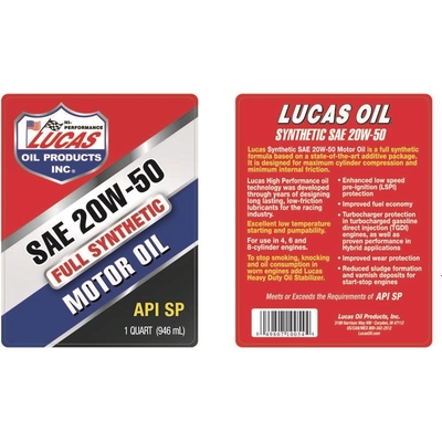 Lucas Oil - 10054 - Lucas Oil - 10054 - Synthetic Motor Oils - Synthetic SAE 20W-50 - 1 Quart