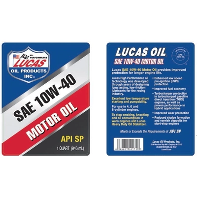 Lucas Oil - 10275 - Lucas Oil - 10275 - Petroleum Motor Oils - SAE 10W-40 - 1 Quart