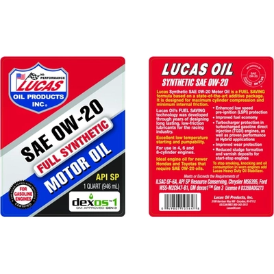 Lucas Oil - 10564 - Lucas Oil - 10564 - Synthetic Motor Oils - Synthetic SAE 0W-20 - 1 Quart