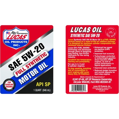 Lucas Oil - 10082 - Lucas Oil - 10082 - Synthetic Motor Oils - Synthetic SAE 5W-20 - 1 Quart
