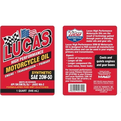 Lucas Oil - 10702 - Lucas Oil - 10702 - High Performance Synthetic Motorcycle Oils - Synthetic SAE 20W-50 - 1 Quart