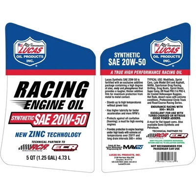 Lucas Oil - 10616 - Lucas Oil - 10616 - Racing Only Motor Oil - Synthetic SAE 20W-50 - 5 Quart
